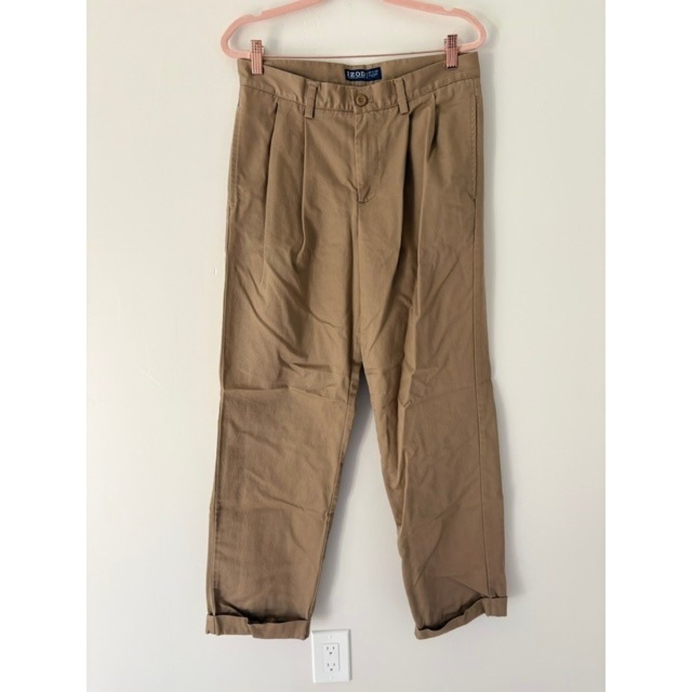 IZOD American Chino Mens 30x32 Khaki Tan Pleated Classic Fit Cuffed Pants